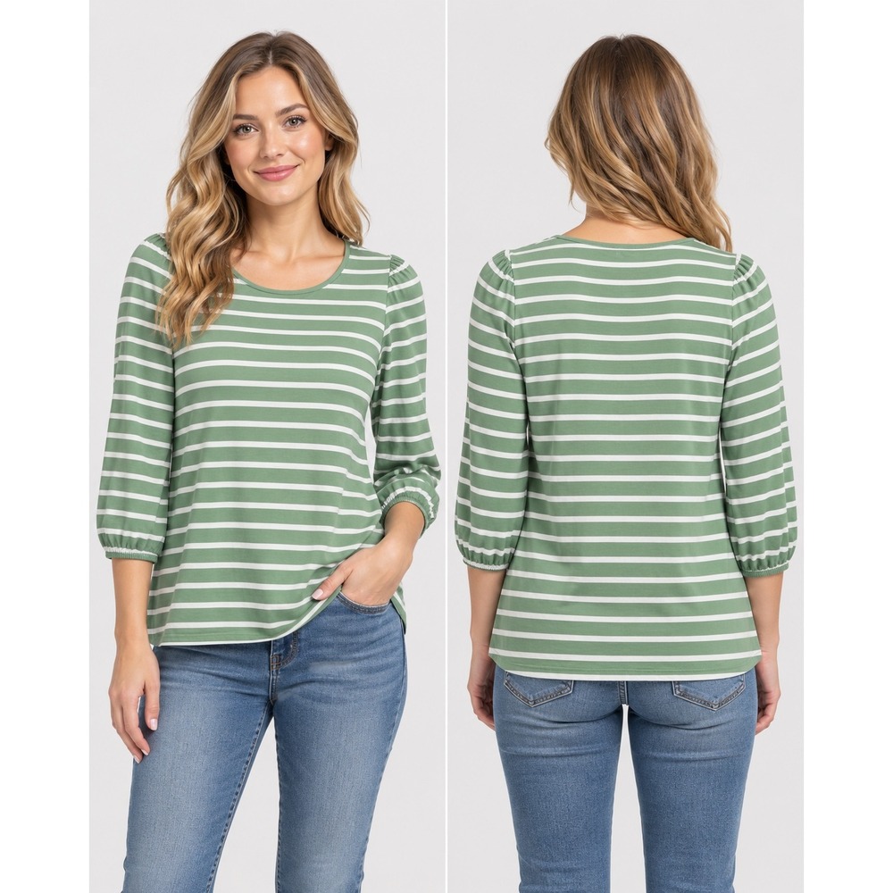 Crown & Ivy Green White Striped 3/4 Puff Sleeve Knit Top Crew Neck NWT Size L